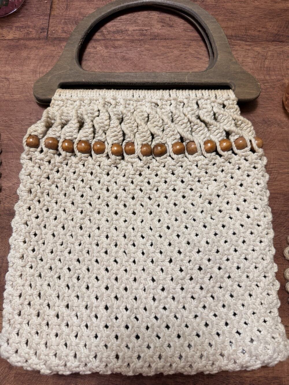 Vintage Macrame Handbag Purse Wood Handles Cream Boho